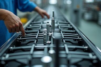 Close-up of a kitchen appliance being manufactured on an assembly line