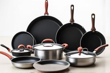 Assortment of shiny cookware and bakeware items on display