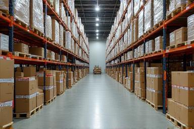 Warehouse shelves stocked with product boxes for distribution